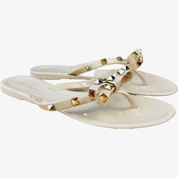 🔥 Beige Nude Gold Studded Bow Jelly Slip On Flip Flop Sandals - Picture 5 of 9
